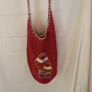 Handmade Red Tote Bag With Mushroom Design And White Stitch Detail